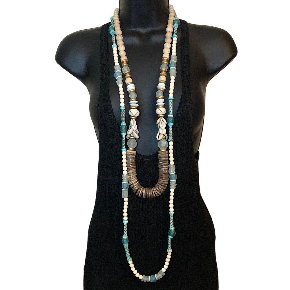 Artisan natural materials long statement boho necklaces tribal festival beach.
